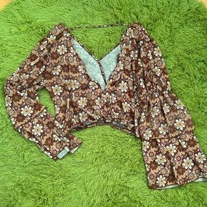 SOLD- V-neck, Bohemian, Brown & Cream Floral Blouse